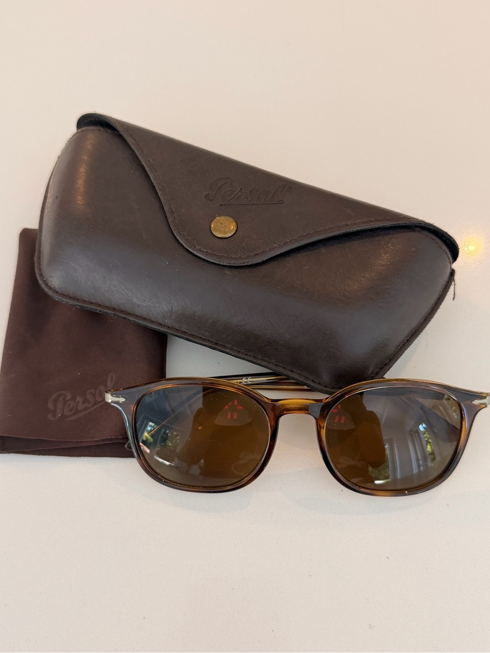Persol Brown Tortoiseshell Sunglasses with Dark Brown Leather Case